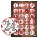 Adventskalenderzahlen Aufkleber rund 4 cm rot weiß kariert mit Zahlen 1 - 24