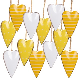 Herzanhänger aus Metall gelb weiß gepunktet & gestreift - 12 Stück
