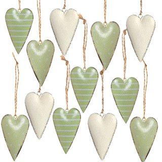 Herzanhänger aus Metall in hellgrün und weiß 7 cm - gestreift & gepunktet - Herzen zum Aufhängen 12 Stück
