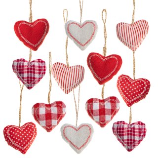 12 kleine Herz Anhänger rot weiß aus Stoff 5 cm - Stoffherzen mit Schnur als Hochzeitsdeko