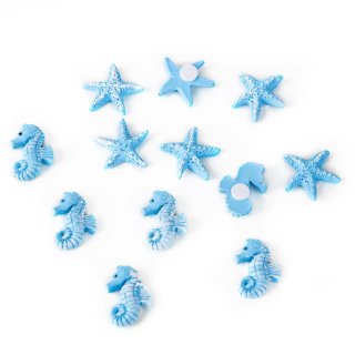12 maritime Streuteile in 2,5 cm - 6 blaue Seepferdchen + 6 blaue Sterne - mit Klebepunkt