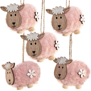 5 kleine Schafe in rosa mit Schnur - Osterdekoration zum Aufhängen