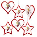 6 Weihnachtsanhänger Herz u. Stern rot weiß mit Schnur Metallanhänger Vintage m. Engel
