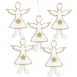 5 Engel Anhänger aus Holz weiß gold 12 cm