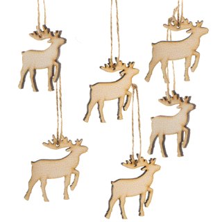 6 Hirsch Anhänger aus Holz 7 cm - Rentiere mit Schnur zum Aufhängen