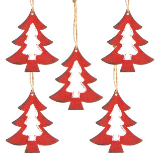 5 Christbaumanhänger zu Weihnachten - Baum aus Metall zum Aufhängen - Farbe rot