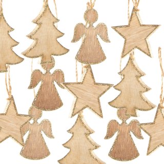 12 Holzanhänger zu Weihnachten - Baum + Stern + Engel - natur braun glitzernd 5 cm