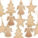 12 Holzanh&auml;nger zu Weihnachten - Baum + Stern + Engel - natur braun glitzernd 5 cm