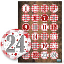24 Adventskalender Papiertüten z. Befüllen Set Papierbeutel + 1-24 Aufkleber + Klammern rot weiß kariert