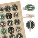 1-24 Zahlen Sticker zum Adventskalender basteln: Aufkleber + Holzklammern Holz Scheibe 4 cm Aufkleben beige gr&uuml;n