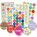 Buntes Sticker Set Mix - DANKE + VIEL GLÜCK + Sprüche Aufkleber - Verzierung Geschenke Verpackung