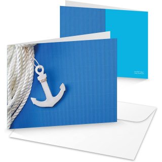 3 Stück maritime Grußkarten mit Anker blau weiß - leere Karten zum Beschriften mit Kuvert