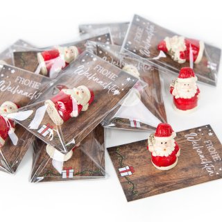 10 Mini Geschenke - rot weiße Nikolaus Figuren + rustikale Frohe Weihnachten Kärtchen