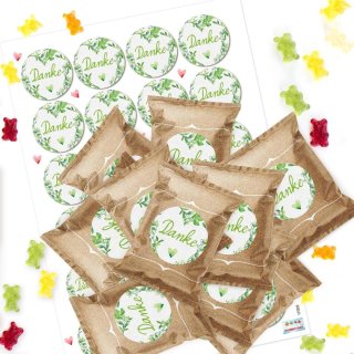 24 kleine Fruchtgummi Tütchen mit DANKE Aufklebern grün floral - Dankeschön Geschenk