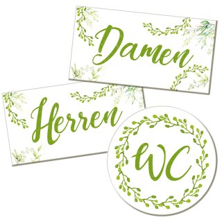 Badezimmer Türschild grün weiß floral Set „Herren“ + „Damen“ + „WC“ in Tafelkreide-Optik (15,5 cm) mit Klebepads