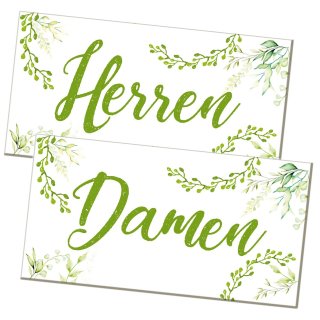 Badezimmer Türschild grün weiß floral Set „Herren“ + „Damen“ in Tafelkreide-Optik (15,5 cm) mit Klebepads