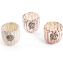 3 Teelichtgl&auml;ser pastellfarben rosa wei&szlig; creme Perlen Teelichthalter aus Glas - Tischdeko Hochzeit