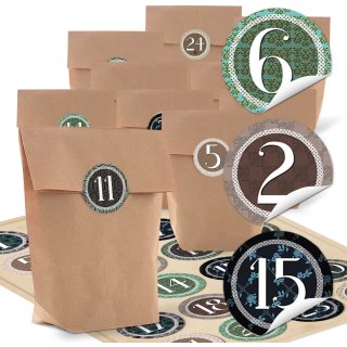 24 braune Papiertüten + Vintage Aufkleber mit Zahlen 1-24 zum Basteln eines DIY Adventkalenders