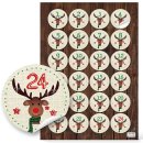 Adventskalender Bastel-Set: 24 braune Papiertüten + 24 Hirsch Aufkleber rund mit Zahlen 1 bis 24