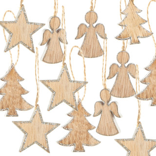 12 kleine Weihnachtsbaumanhänger aus Holz 5 cm Stern + Engel + Baum mit silberfarbenem Rand