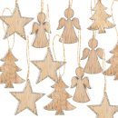 12 kleine Weihnachtsbaumanhänger aus Holz 5 cm Stern + Engel + Baum mit silberfarbenem Rand