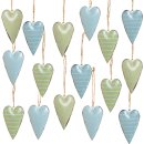 16 Herzanhänger Frühlingsdeko grün türkis blau - Herzen zum Aufhängen mit Schnur 7 cm aus Metall
