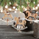 6 Schaukelpferd Weihnachtsanh&auml;nger 8 cm mit Gl&ouml;ckchen - grau braun