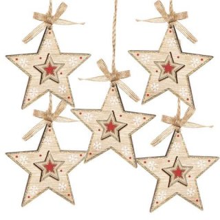 5 Sterne Anhänger Weihnachtsanhänger aus Holz natur rot gold - Sternanhänger
