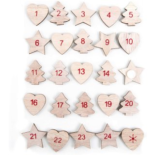 1-24 Aufkleber Adventskalender Zahlen aus Holz mit Klebepunkt - natur rot