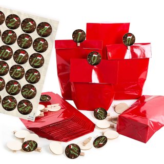 24 rote Kreuzbodenbeutel mit Adventskalenderzahlen Klammern + Aufkleber 1-24 - DIY Adventskalender Tüten