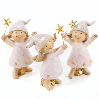 3 rosa Engel Figuren mit goldfarbenem Stern 9 cm
