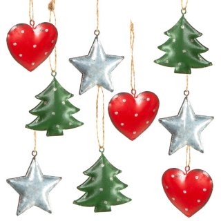 9 edle Weihnachtsanhänger Herz Baum Stern grün rot Silber Baumschmuck Metall Anhänger mit Schnur