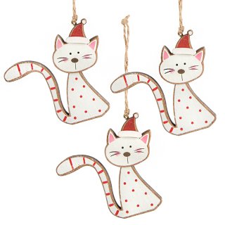 3 Katzen Weihnachtsanhänger rot weiß mit Schnur 7 cm für Katzenliebhaber