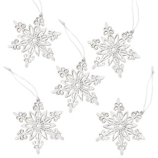 5 Schneeflocken Anhänger aus Holz - Eiskristalle Weihnachtsanhänger weiß silber