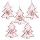 5 Weihnachtsanhänger Baum aus Holz rosa pink mit Glitzer