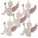 5 Engel aus Holz mit Schnur zum Aufh&auml;ngen - natur...