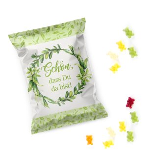 Gummibärchen Päckchen grün weiß floral Schön, dass du da bist - Hochzeitsdeko Süßigkeit 25 Stück