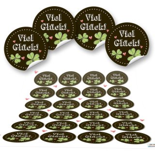 Viel Glück Sticker rund - 4 cm - schwarz grün mit Glücksklee Prüfung Silvester Dekoration 24 Aufkleber / 1 Bogen