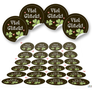 Viel Glück Sticker rund - 4 cm - schwarz grün mit Glücksklee Prüfung Silvester Dekoration 48 Aufkleber / 2 Bögen