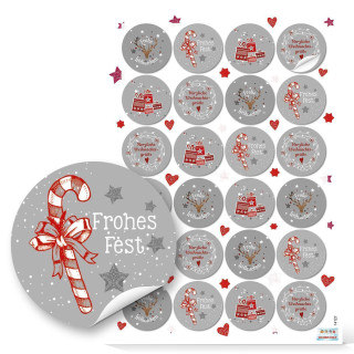 Frohes Fest Weihnachtssticker grau rot weiß 4 cm 24 Aufkleber / 1 Bogen