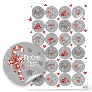 Frohes Fest Weihnachtssticker grau rot weiß 4 cm 96 Aufkleber / 4 Bögen