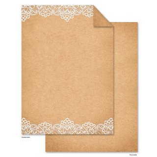 Briefpapier in Kraftpapier-Optik bedruckt mit Spitze braun weiß DIN A4 - Einladungspapier Hochzeit 100 Blatt