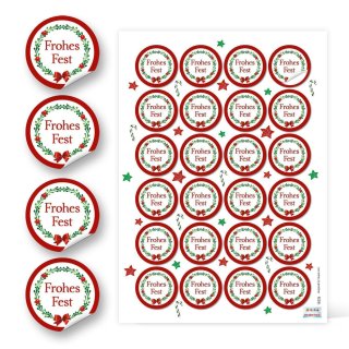 Weihnachtssticker Frohes Fest rot weiß grün Ø 4 cm