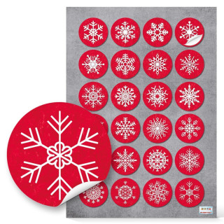 Schneeflocken Sticker rot weiß Ø 4 cm  24 Aufkleber / 1 Bogen