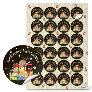 Weihnachtssticker Wunderbare Weihnachten - 4 cm rund - schwarz mit bunten Geschenken 96 Aufkleber / 4 Bögen