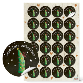 Weihnachtssticker "Wunderbare Weihnachten" schwarz grün Ø 4 cm mit Tannenbaum 48 Aufkleber / 2 Bögen