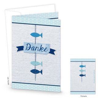 Dankeskarte blau mit Fischen - maritime Gru&szlig;karte DANKE DIN A6 mit Kuverts