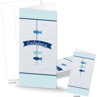 Einladungskarte EINLADUNG blau weiß türkis Fische-Motiv mit Kuvert 21 x 10,5 cm