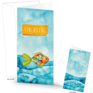 Bunte Einladungskarten türkis orange mit Regenbogenfisch - Karte EINLADUNG 10,5 x 21 cm mit Kuvert 10 Stück