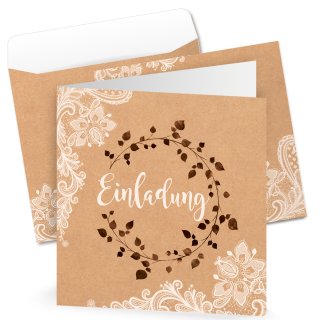 Einladungskarten + Kuverts Boho Hochzeitseinladung quadratisch 20 Stück